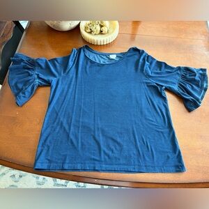 Chicos Blue Jersey Knit Ruffle Sleeve Top Sz 3